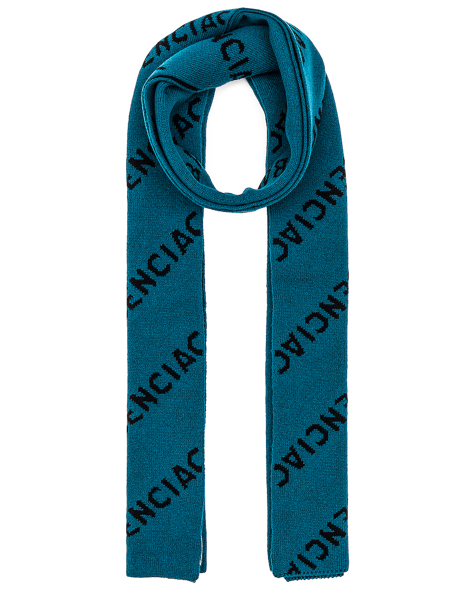 image 1 of balenciaga all over logo scarf in petrol blue & black