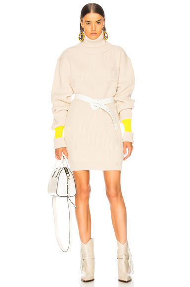 banded sleeve turtleneck sweater dress