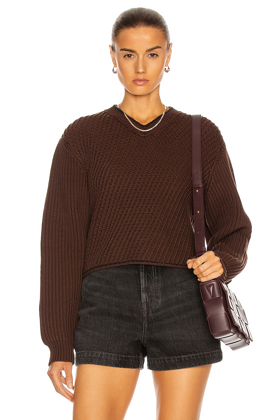 image 1 of acne studios cropped v-neck sweater in dark brown