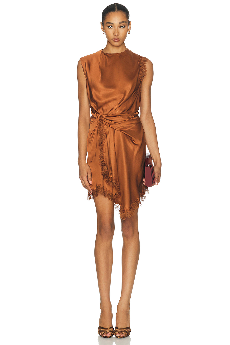 Dion Shirred Waist Satin Mini Dress with Lace Detail