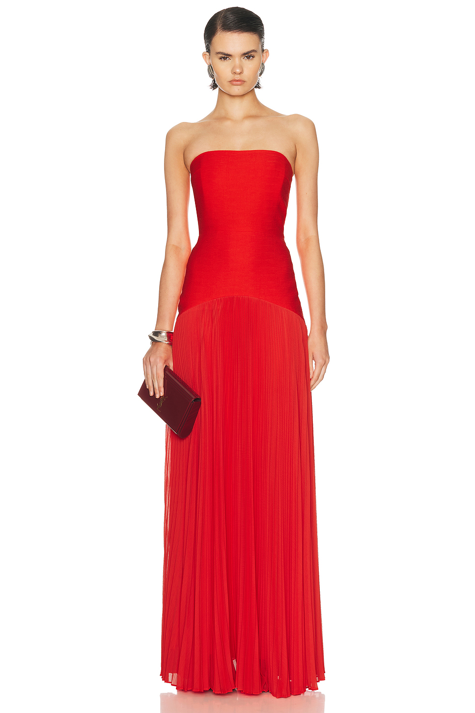 Boned Bustier Plisse Gown with Chiffon Skirt