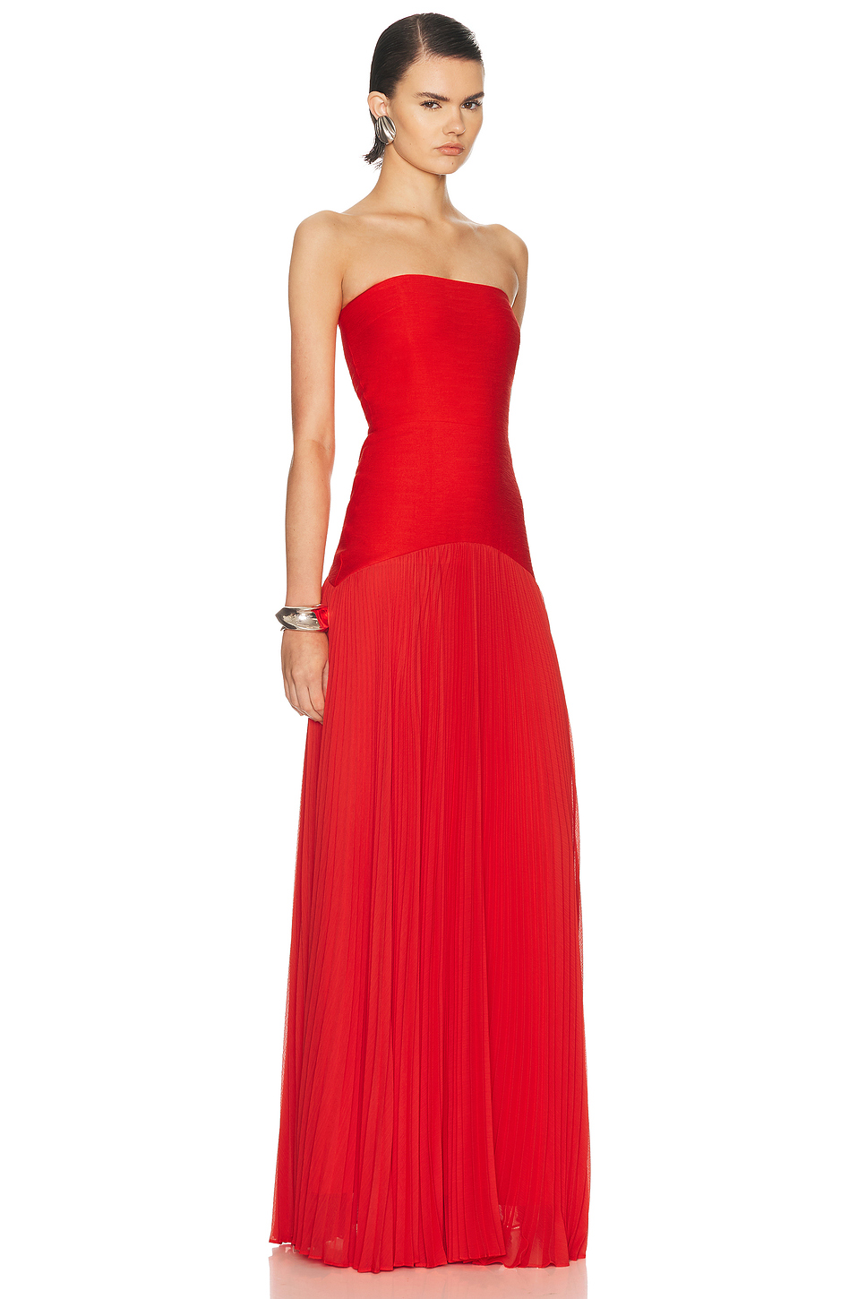 Boned Bustier Plisse Gown with Chiffon Skirt