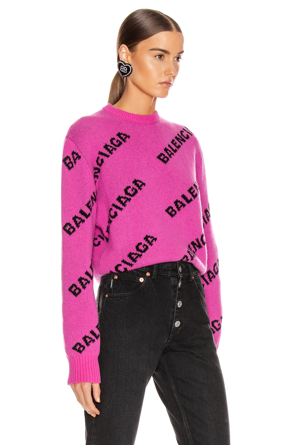 image 2 of balenciaga long sleeve logo crew neck sweater in pink