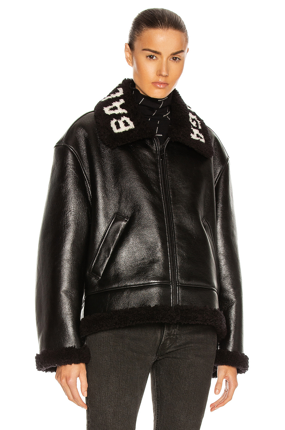 image 2 of balenciaga cocoon shearling jacket in black & black