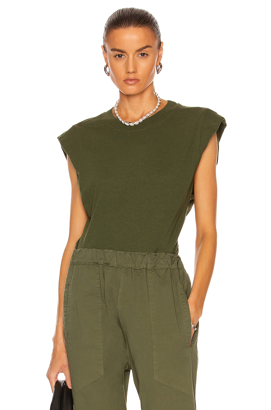 image 1 of bassike turnback detail tank in moss green