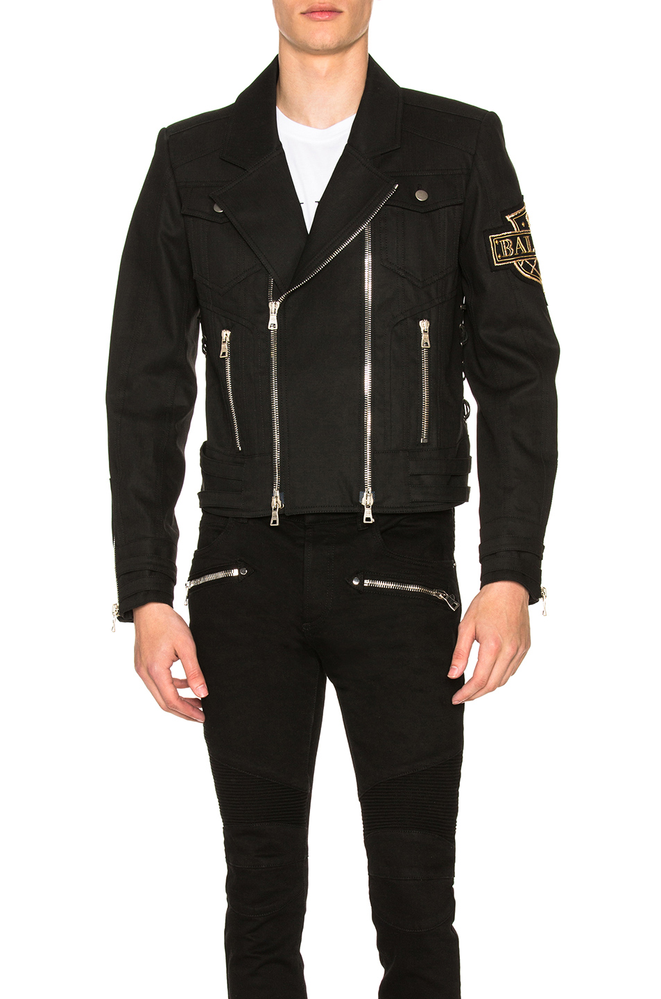balmain denim biker jacket – 黑色 | fwrd