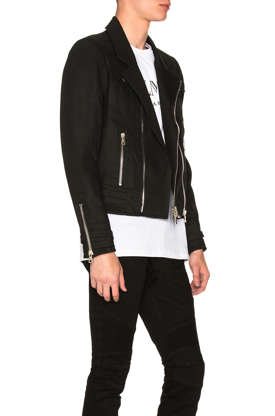 balmain denim biker jacket – 黑色 | fwrd