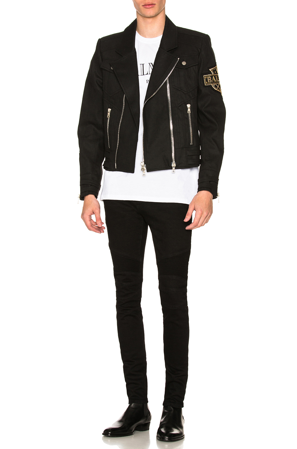 balmain denim biker jacket – 黑色 | fwrd