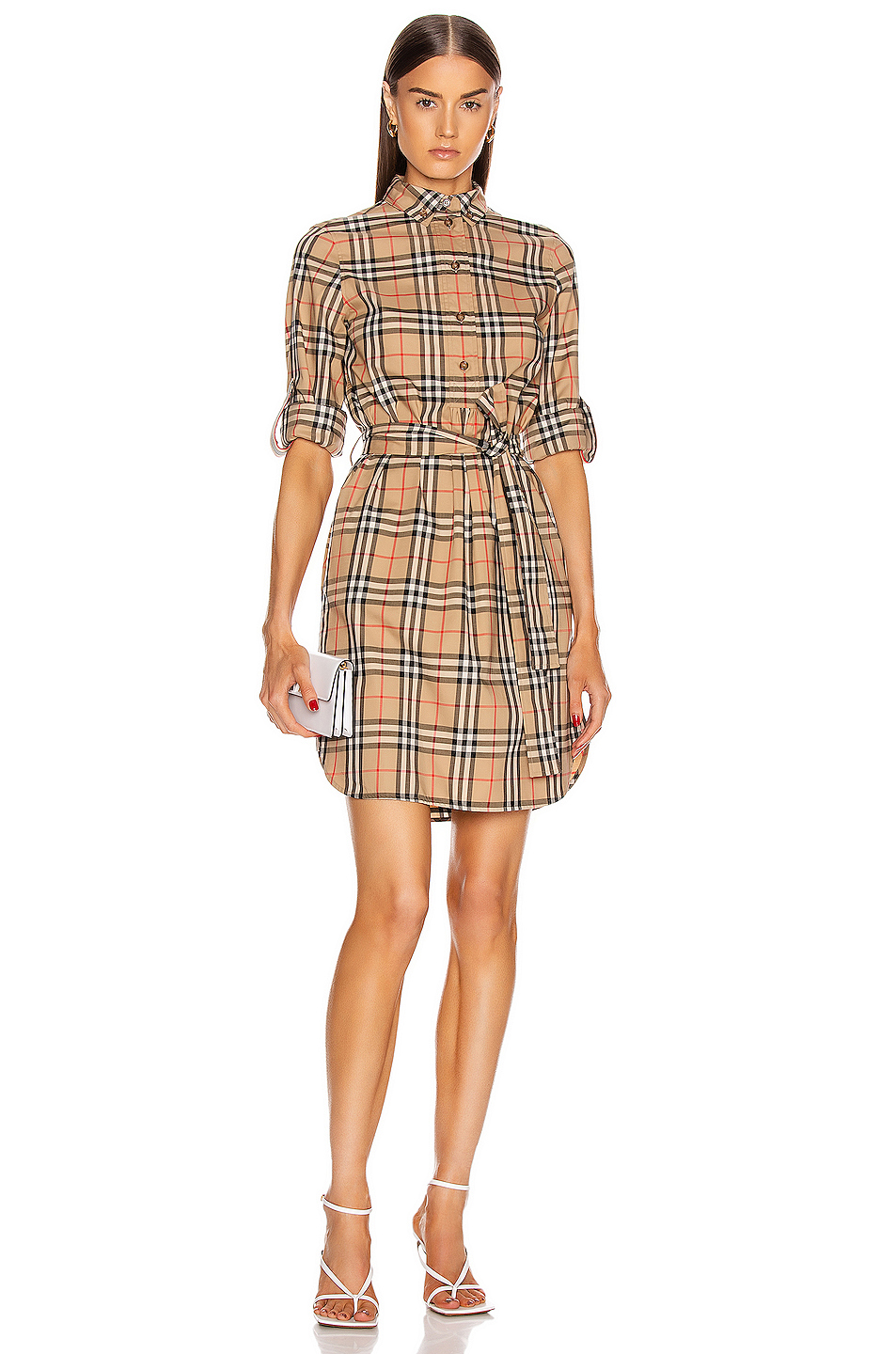 image 1 of burberry long sleeve dress in archive beige check
