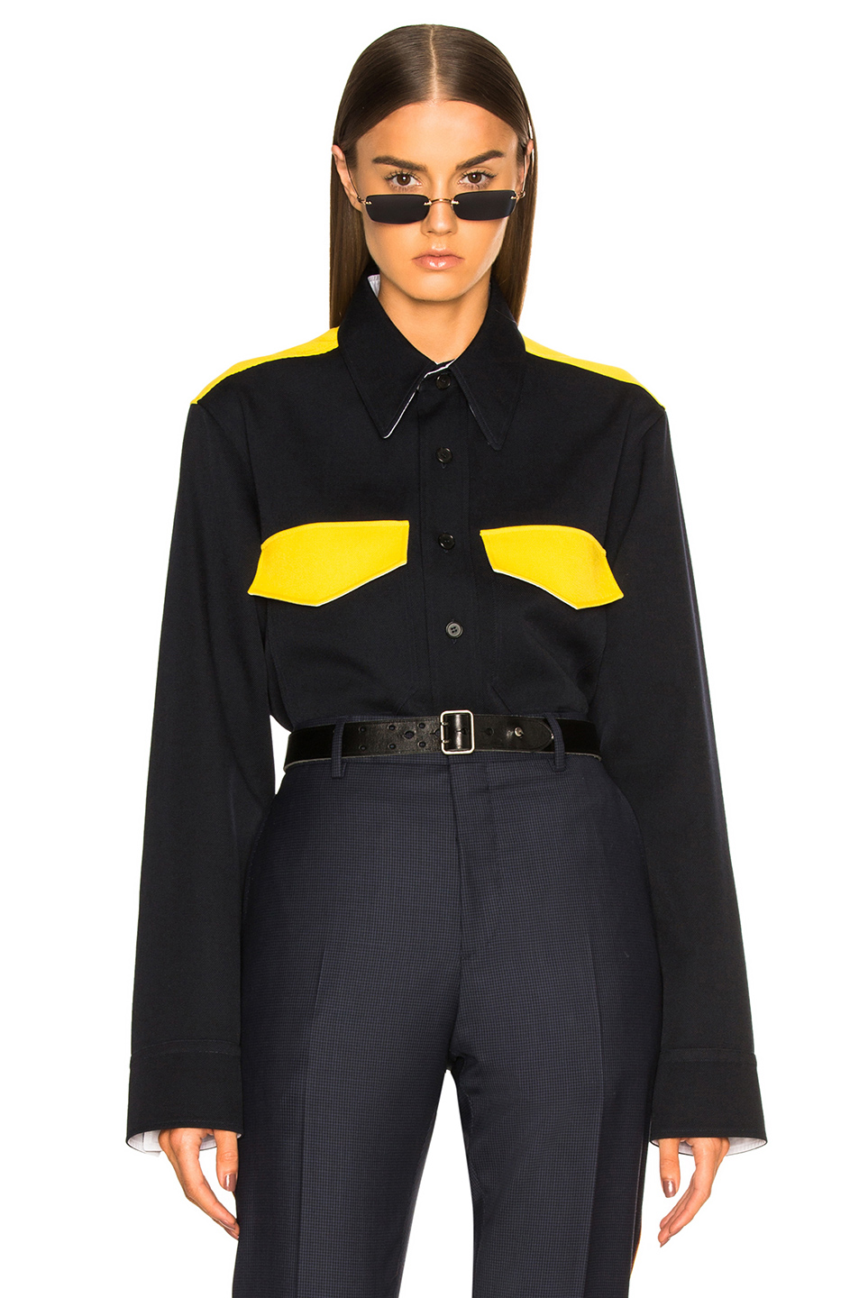 klein 205w39nyc long sleeve shirt in dark navy & yellow