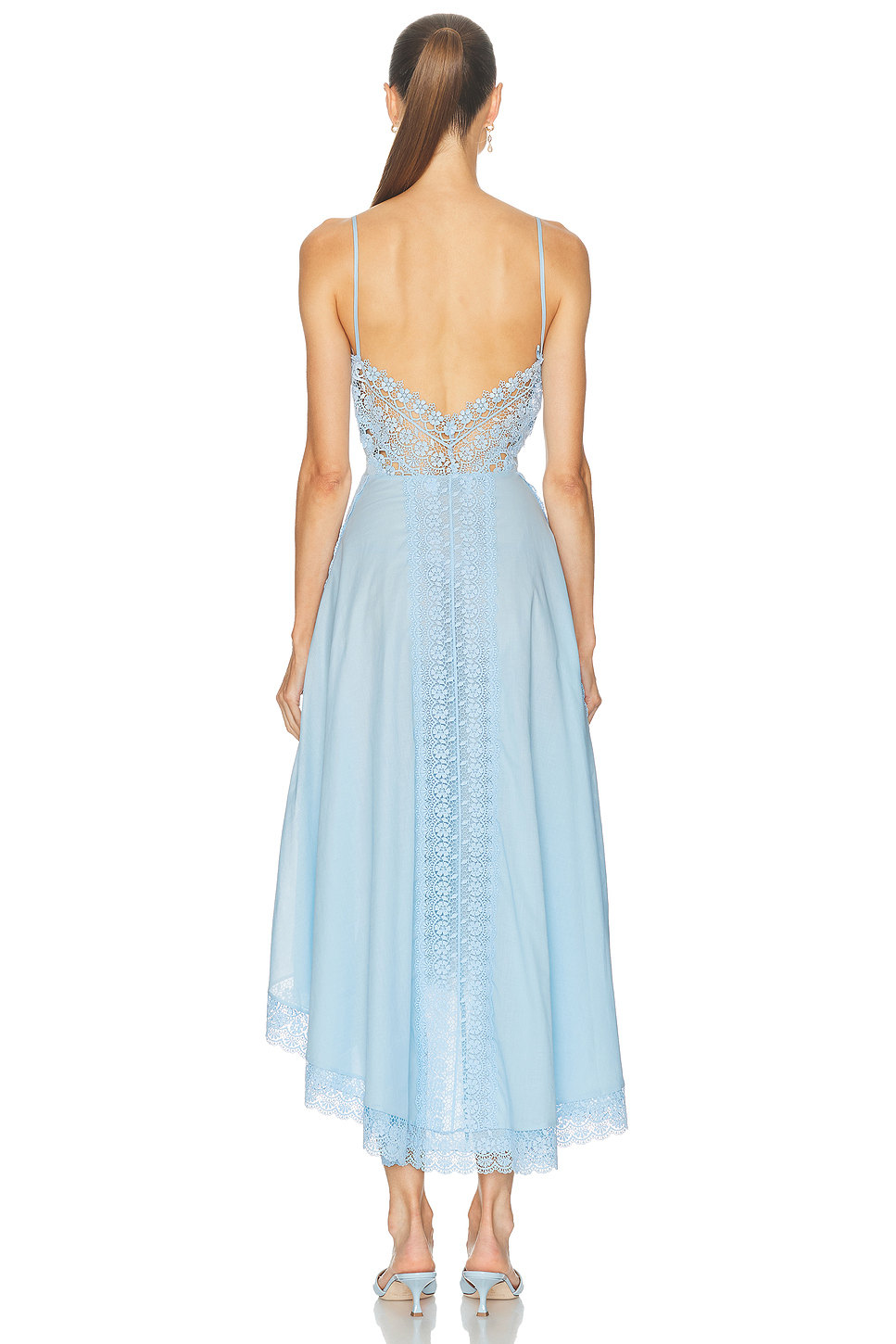 Lace Detail Voile Midi Dress with Asymmetric Hem