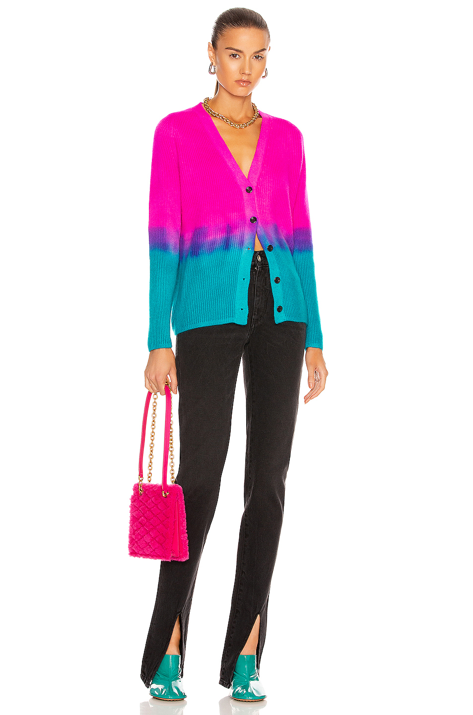 tri-dip medium rib cashmere cardigan in ivory, neon pink, purple