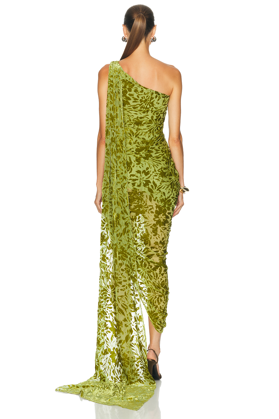 Sarai One Shoulder Flocked Mesh Midi Dress
