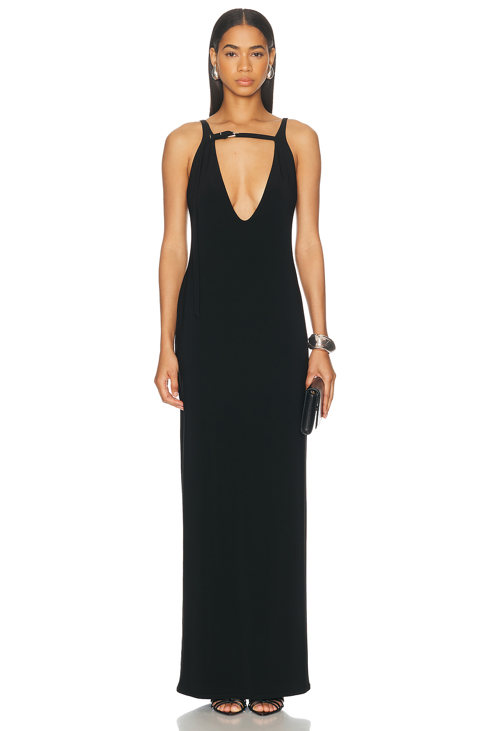 Belted Maxi Pillar Dress with Plunging V-Neck and Silver Clasp
