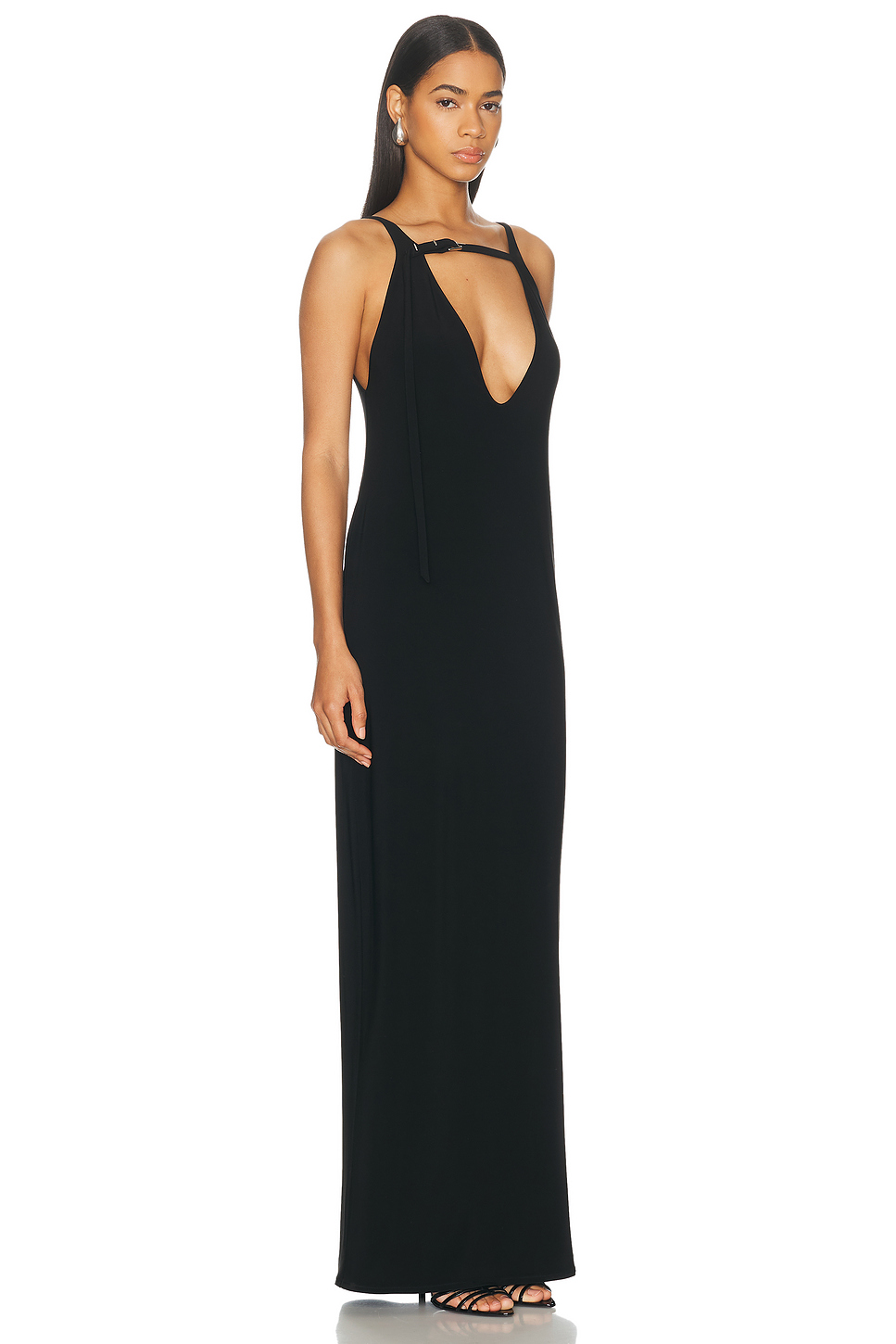 Belted Maxi Pillar Dress with Plunging V-Neck and Silver Clasp