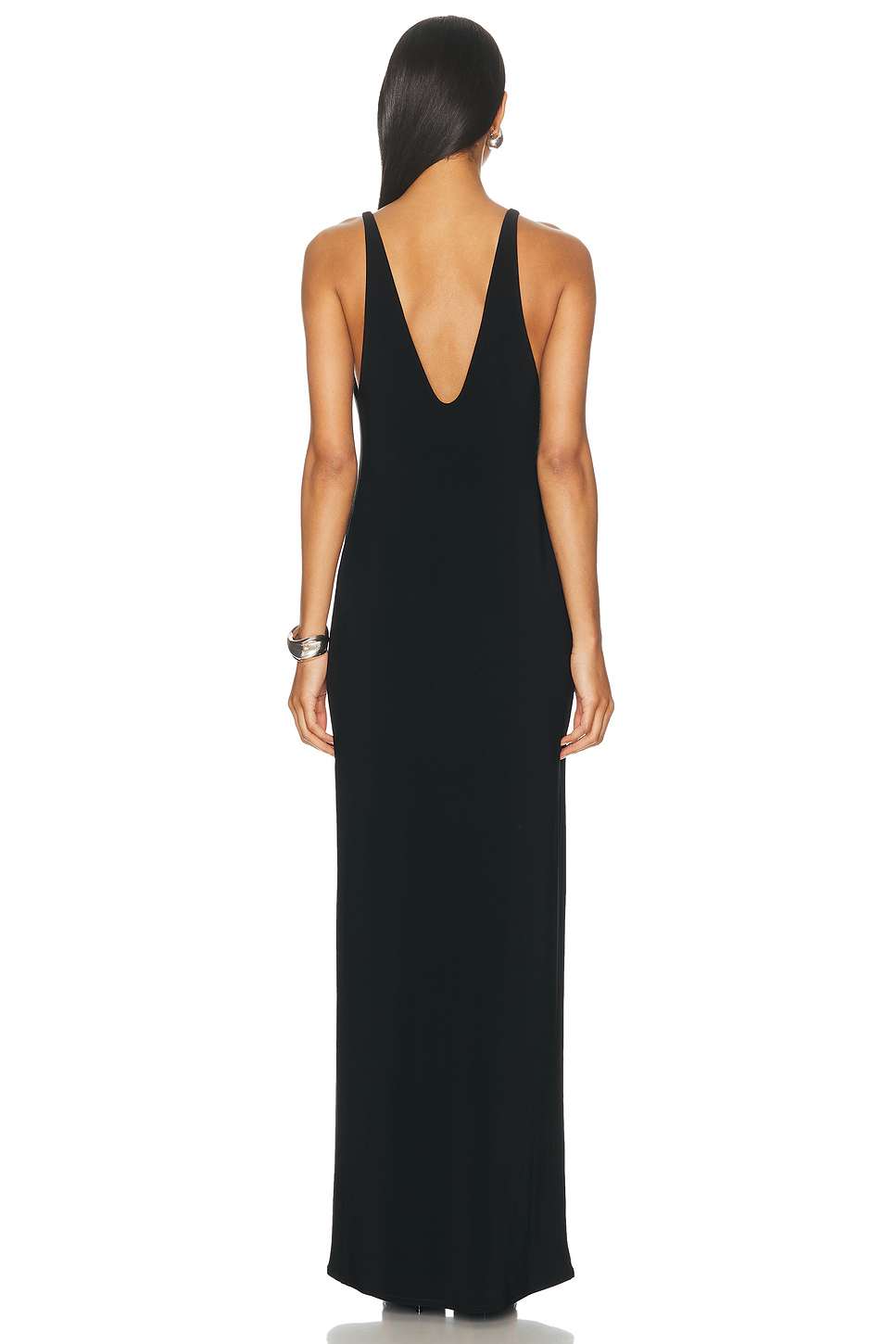Belted Maxi Pillar Dress with Plunging V-Neck and Silver Clasp