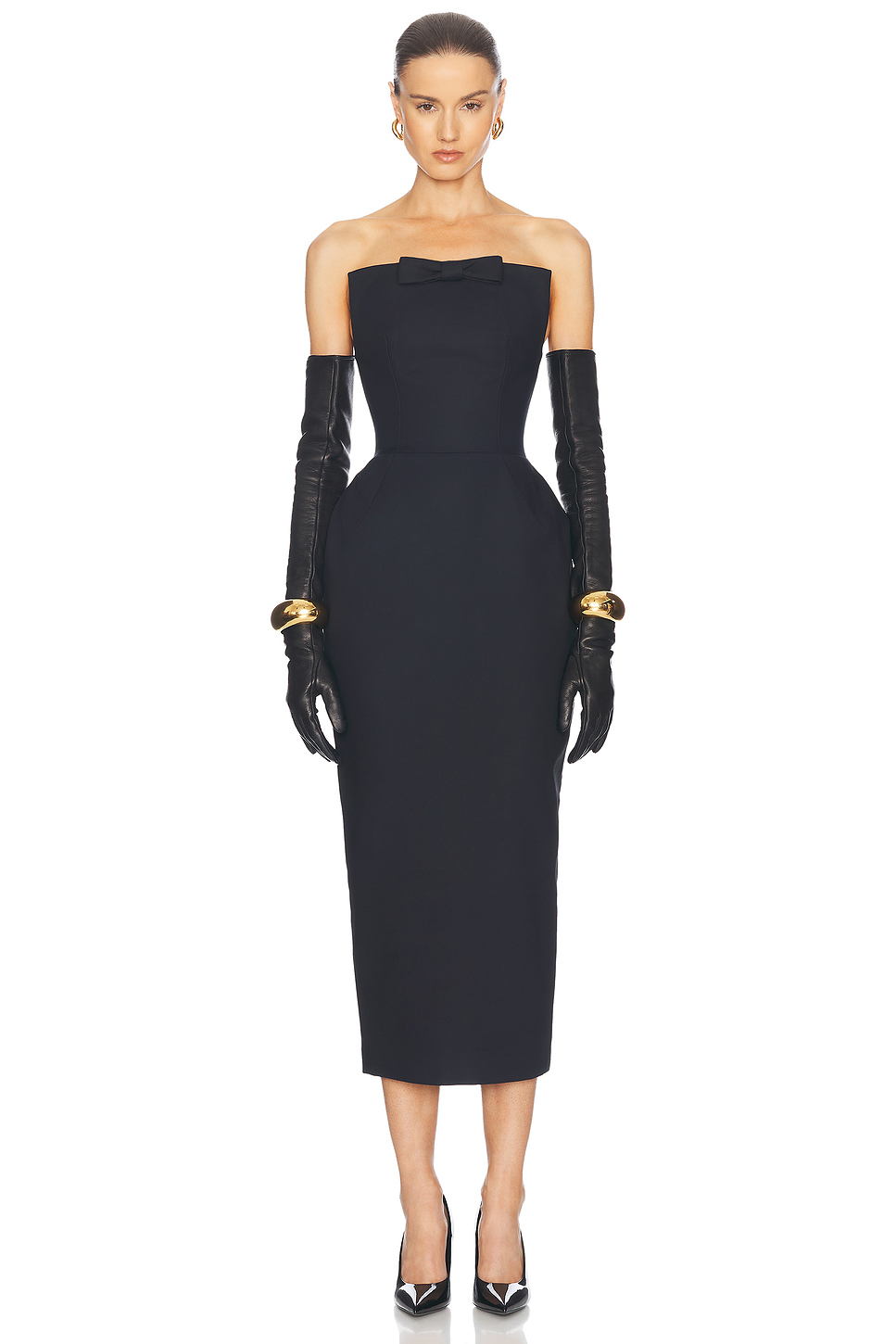 Strapless S-Curve Midi Dress with Bow