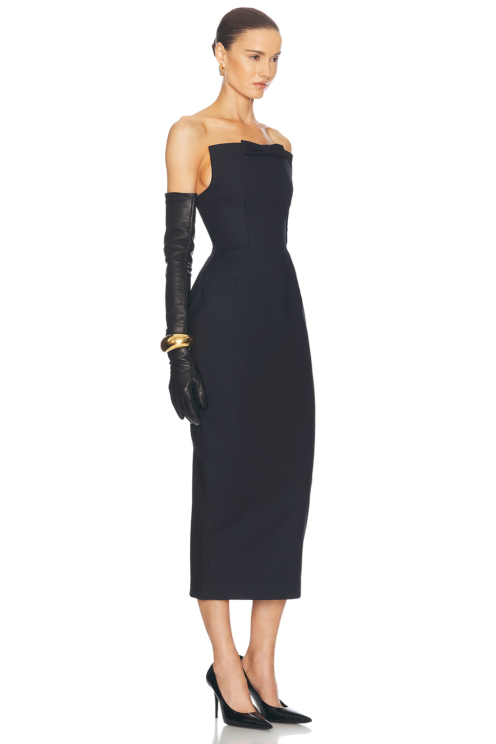 Strapless S-Curve Midi Dress with Bow