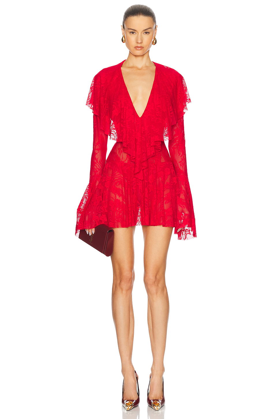 Deep V Ruffle Mini Dress in Sheer Lace Mesh