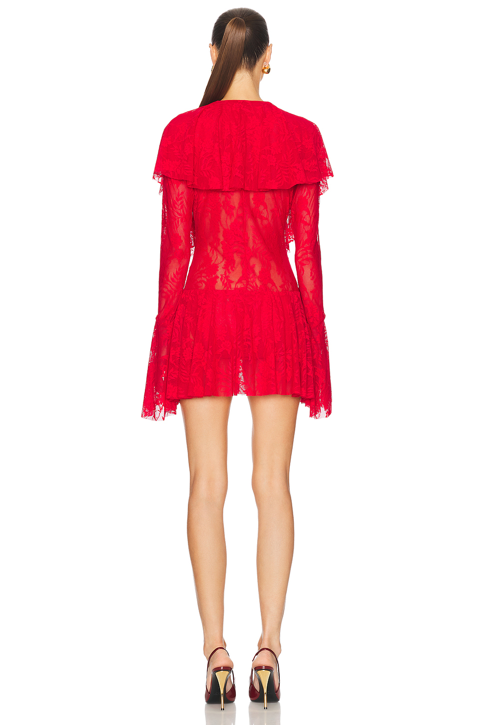Deep V Ruffle Mini Dress in Sheer Lace Mesh