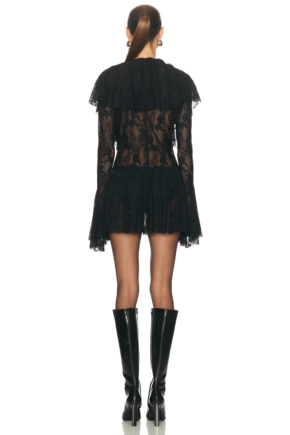 Deep V Ruffle Long Sleeve Lace Mini Dress