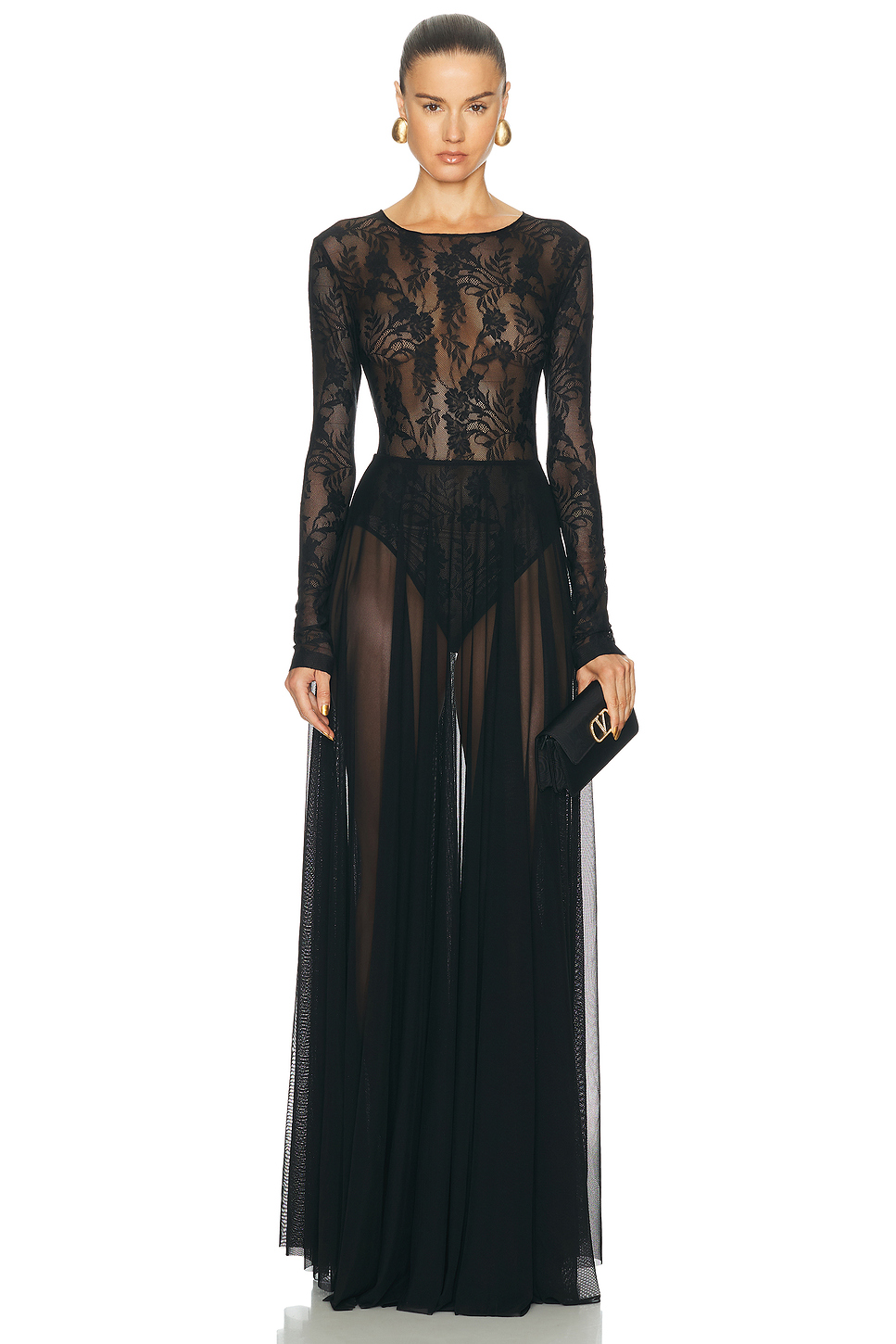 Long Sleeve Crew Flared Lace Gown
