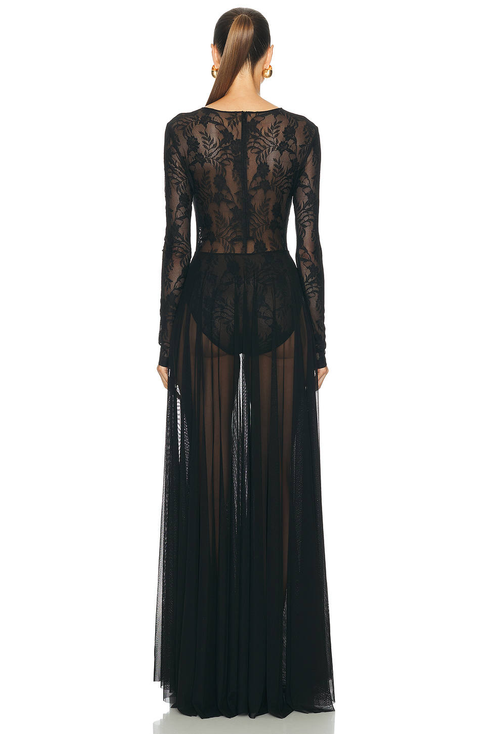 Long Sleeve Crew Flared Lace Gown