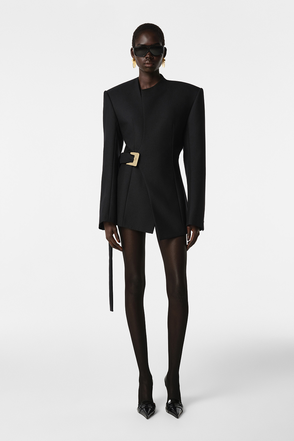 Sonya Jacket Dress in Textured Suiting with Gold Buckle Belt
