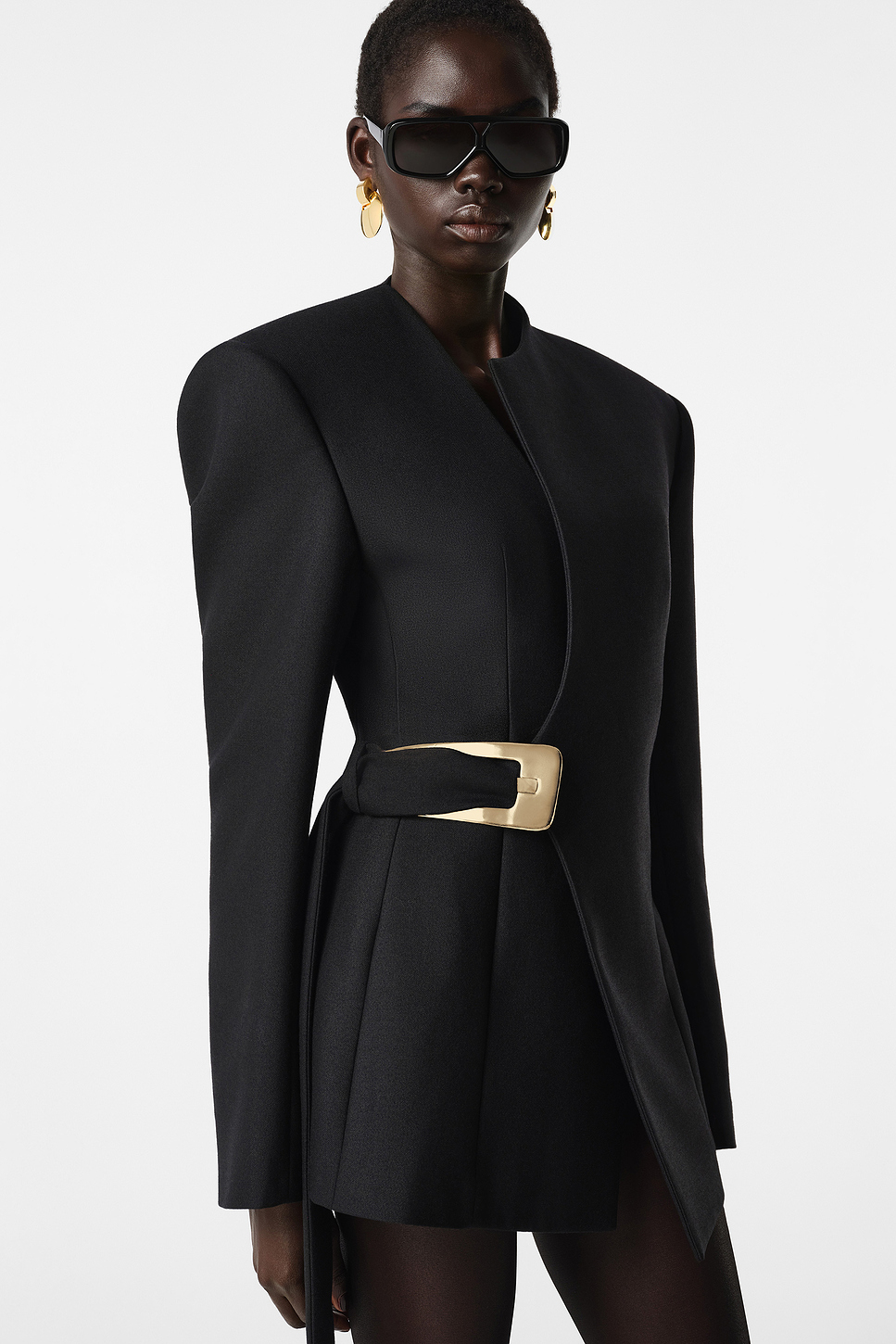 Sonya Jacket Dress in Textured Suiting with Gold Buckle Belt