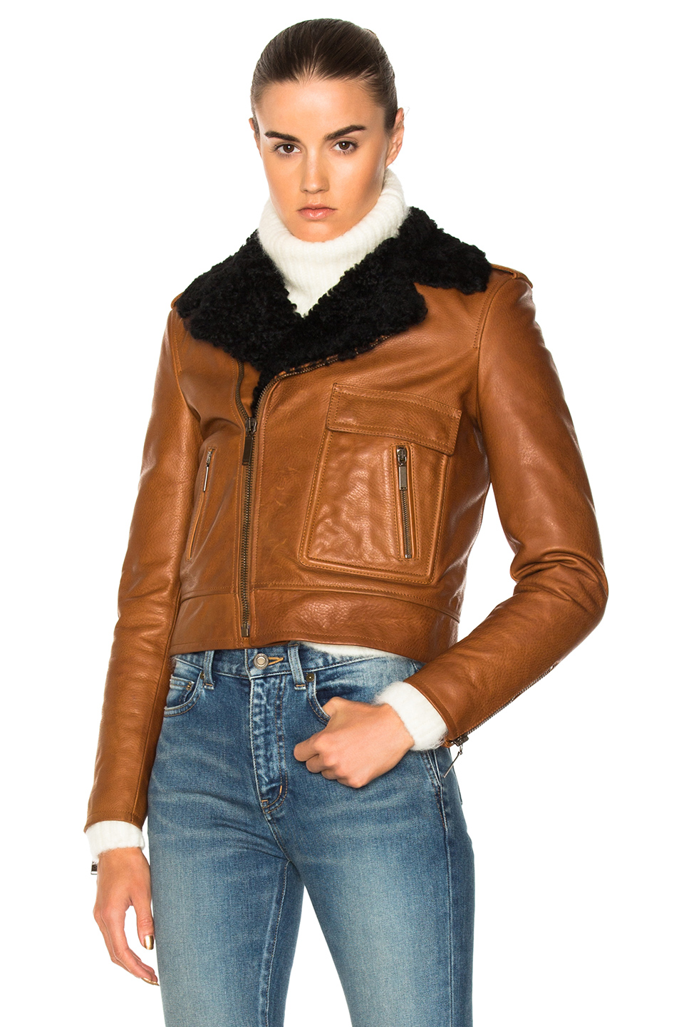 saint laurent lamb shearling trim classic motorcycle jacket –