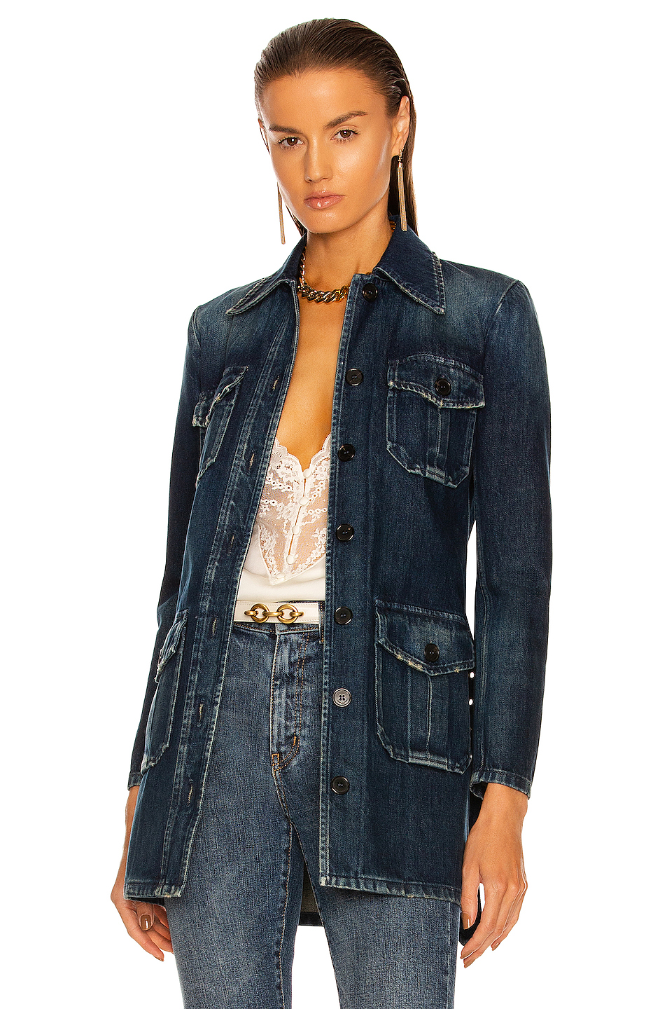 image 1 of saint laurent long saharian jacket in dark serge blue