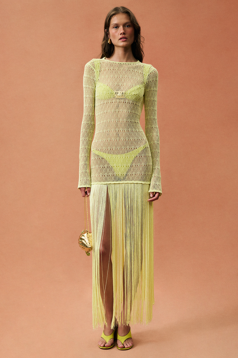 Long Sleeve Fringe Knit Maxi Dress