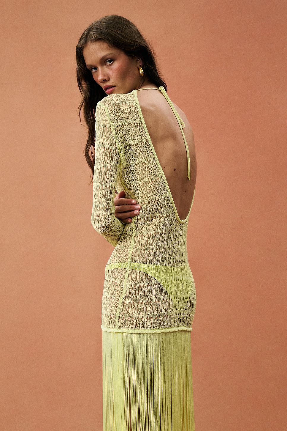 Long Sleeve Fringe Knit Maxi Dress