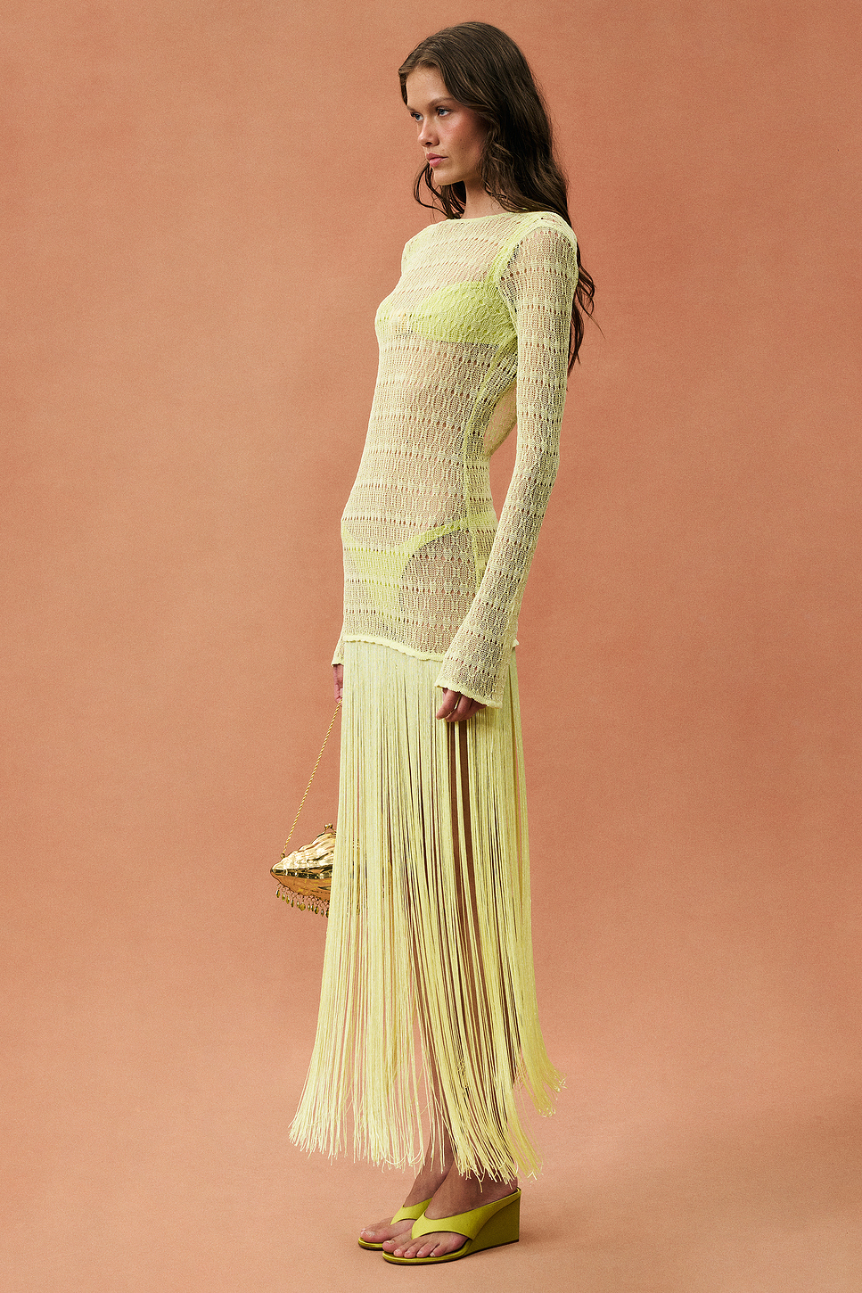 Long Sleeve Fringe Knit Maxi Dress