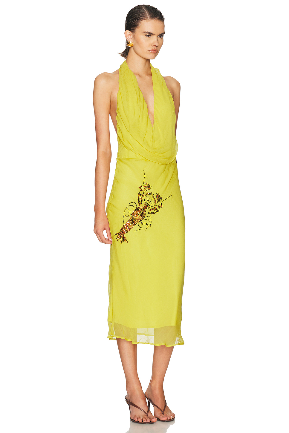 Beaded Chiffon Halter Midi Dress