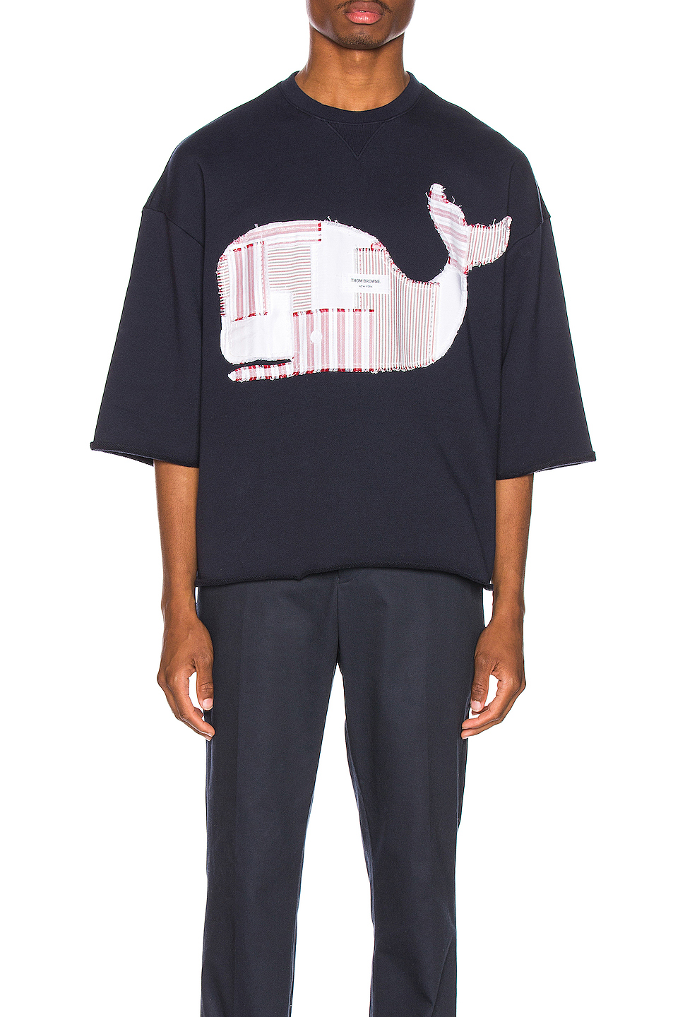 image 1 of thom browne boxy cut off patchwork icon tee in navy