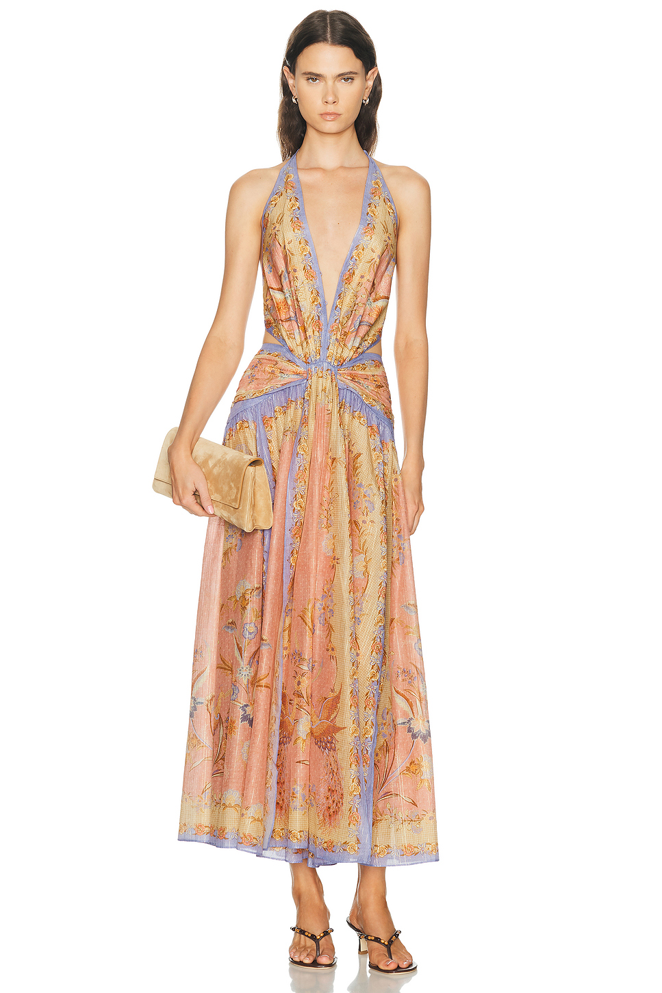 Indra Plunge Halter Maxi Dress in Cotton Silk Metallic