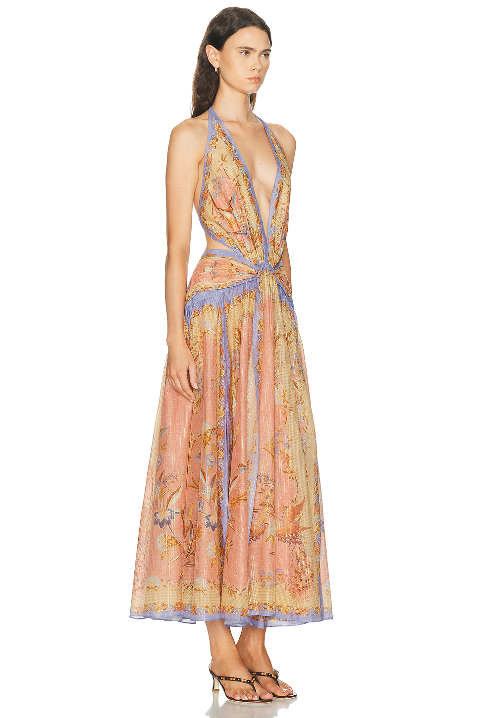 Indra Plunge Halter Maxi Dress in Cotton Silk Metallic