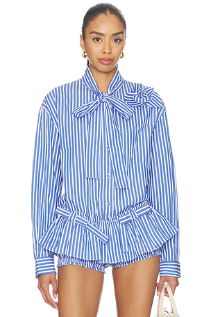 Flor Poplin Deep Blue Stripe Shirt With One Rose AKNVAS