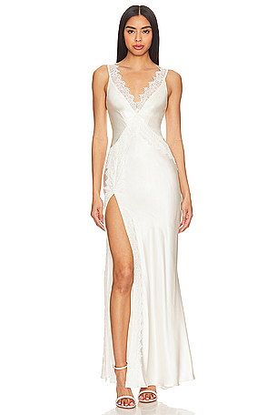 VESTIDO LARGO CON ABERTURA Y TIRANTES DE ENCAJE DE SEDA Shona Joy